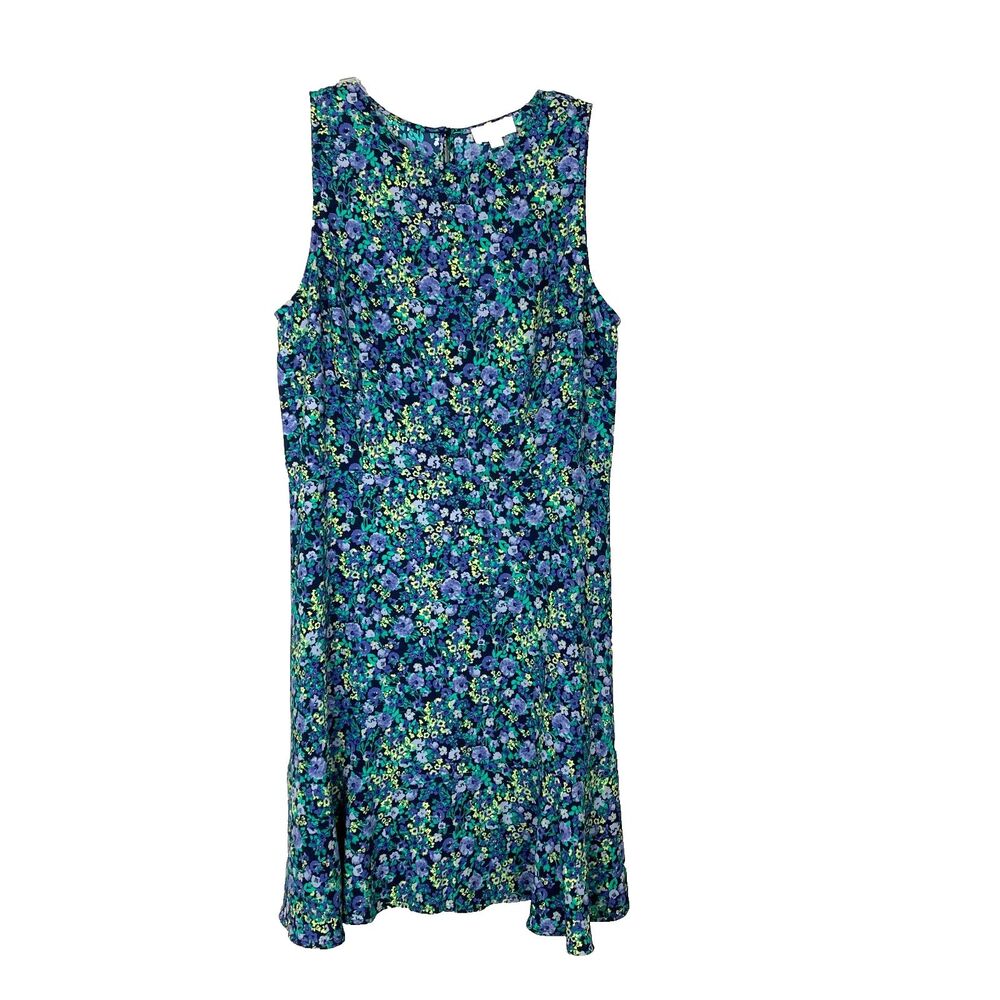 LOFT Women's Midi Dress Size 10 Purple Green Floral Ruffle at Hem Office